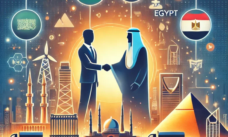 Dall·e 2024 09 16 19.38.22 An Illustration Showing The Collaboration Between Saudi Arabia And Egypt Focusing On Economic Investments. The Scene Shows Two Figures Shaking Hands