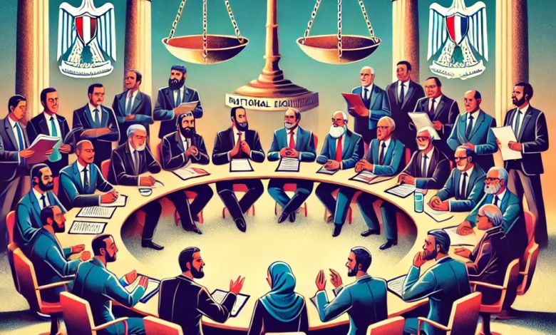 Dall·e 2024 09 16 19.51.03 An Illustration Representing The National Dialogue Involving Institutions And Unions Discussing Criminal Procedures Reforms In Egypt. The Scene Shows