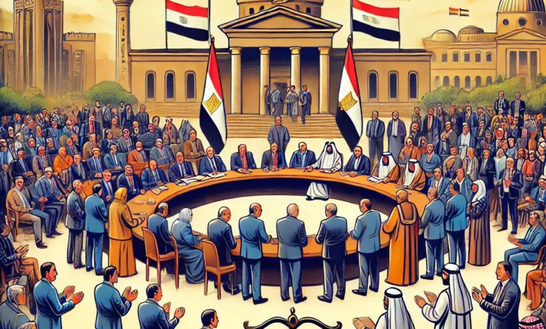 Dall·e 2024 09 16 19.55.57 An Illustration Representing The National Dialogue Praising The Egyptian Parliament For Opening Discussions On Amendments To The Criminal Procedures L