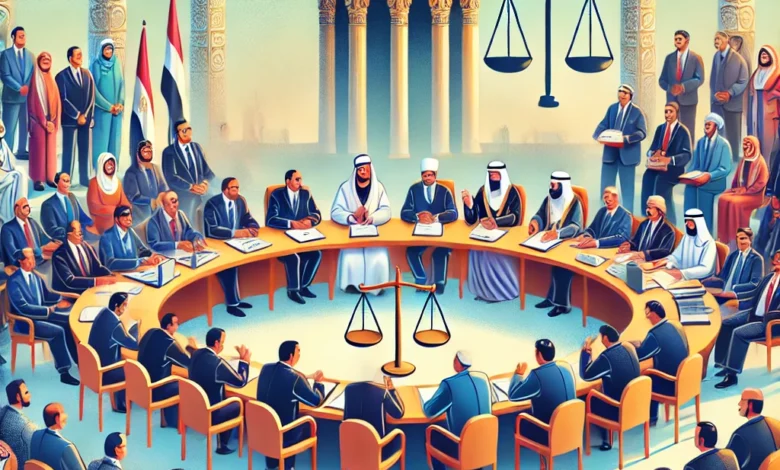 Dall·e 2024 09 16 20.09.21 An Illustration Showing The National Dialogue Conference Focused On Reaching A Consensus For The Criminal Procedures Law In Egypt. The Scene Depicts A